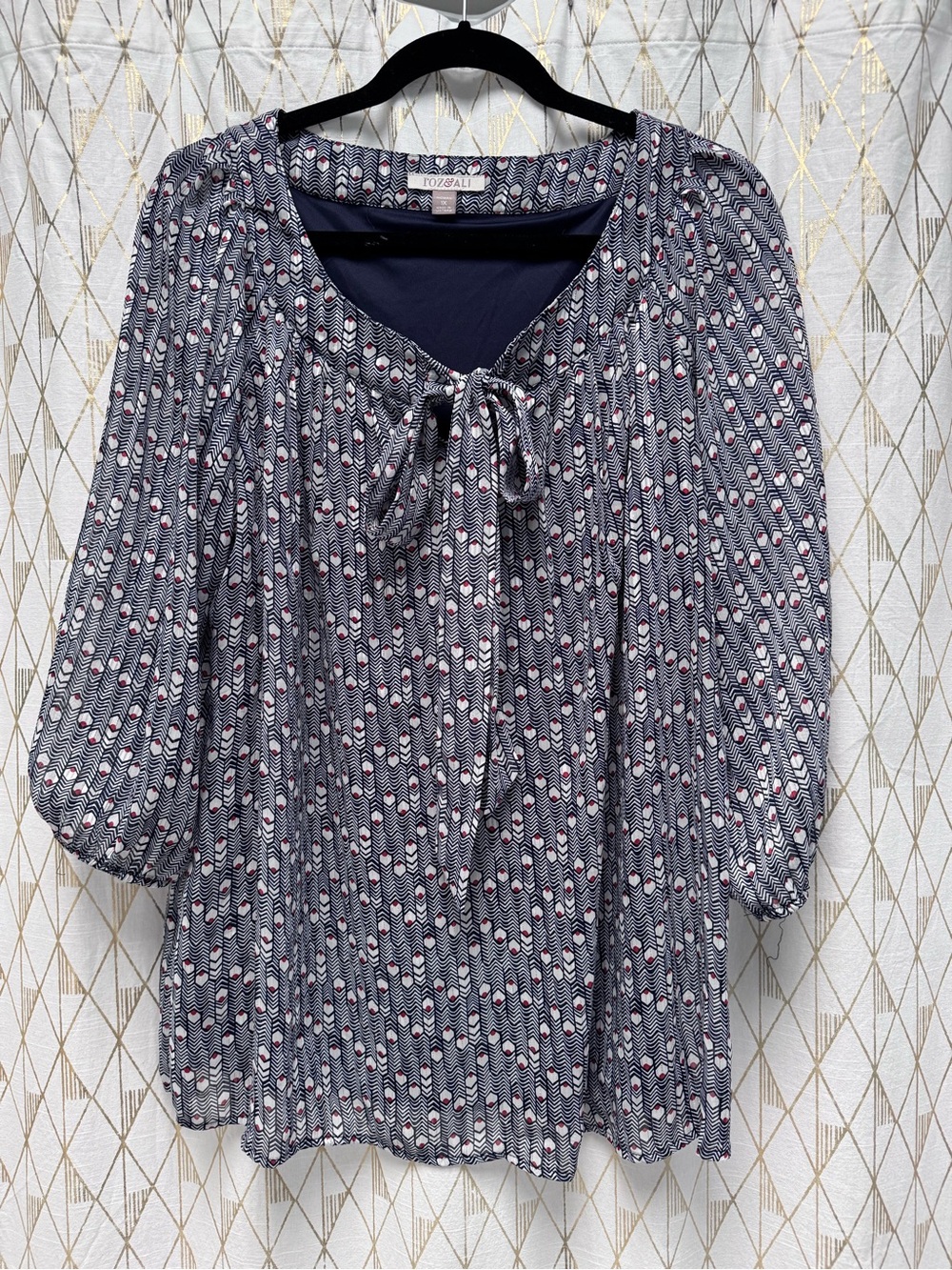 Roz & Ali Navy Geometric Tie-Neck Blouse 3/4 sleeve XL